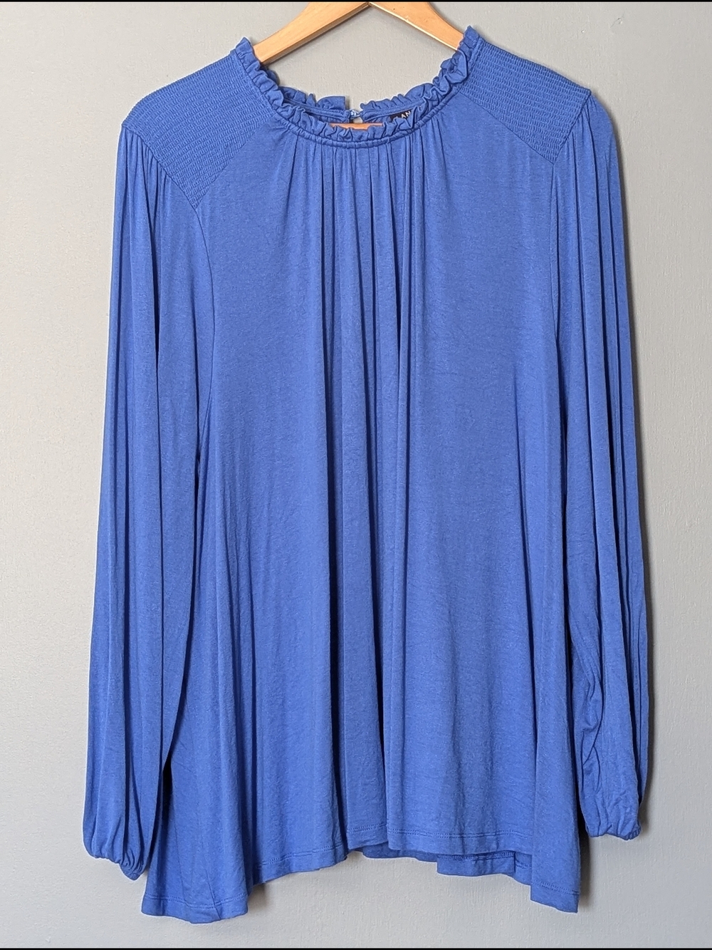 Lane Bryant Women's Periwinkle Ruffle-Neck Long Sleeve Top Smocked‎ Shoulders